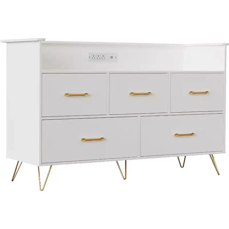 Commode LED avec station de recharge - Commode en bois moderne à 5 tiroirs de 119 cm de large, organisateur de rangement pour chambre à coucher, chambre de bébé, couloir et appartements