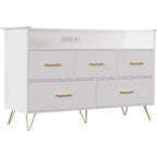 Commode LED avec station de recharge - Commode en bois moderne à 5 tiroirs de 119 cm de large, organisateur de rangement pour chambre à coucher, chambre de bébé, couloir et appartements