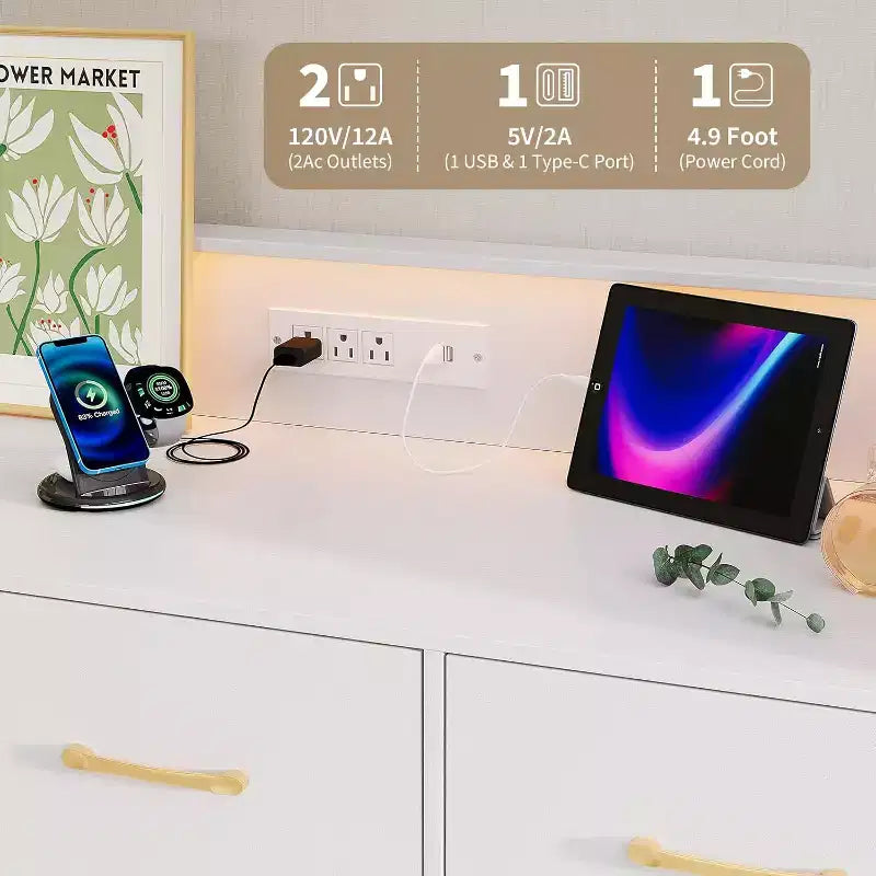 Commode LED avec station de recharge - Commode en bois moderne à 5 tiroirs de 119 cm de large, organisateur de rangement pour chambre à coucher, chambre de bébé, couloir et appartements