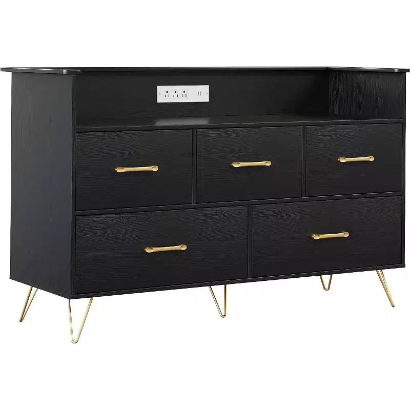 Commode LED avec station de recharge - Commode en bois moderne à 5 tiroirs de 119 cm de large, organisateur de rangement pour chambre à coucher, chambre de bébé, couloir et appartements