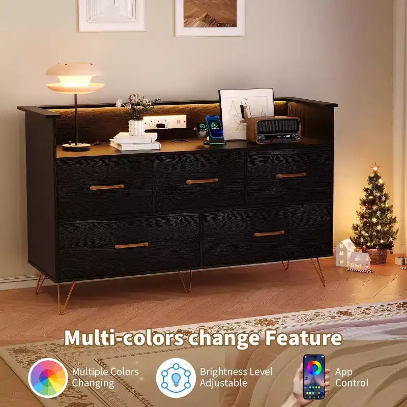 Commode LED avec station de recharge - Commode en bois moderne à 5 tiroirs de 119 cm de large, organisateur de rangement pour chambre à coucher, chambre de bébé, couloir et appartements