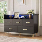 Commode LED avec station de recharge - Commode en bois moderne à 5 tiroirs de 119 cm de large, organisateur de rangement pour chambre à coucher, chambre de bébé, couloir et appartements