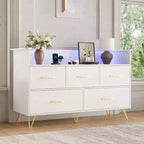 Commode LED avec station de recharge - Commode en bois moderne à 5 tiroirs de 119 cm de large, organisateur de rangement pour chambre à coucher, chambre de bébé, couloir et appartements