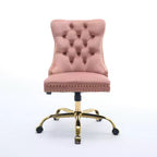 Chaise de bureau réglable pivotante, chaise de bureau moderne en velours capitonné avec base en métal doré, rose