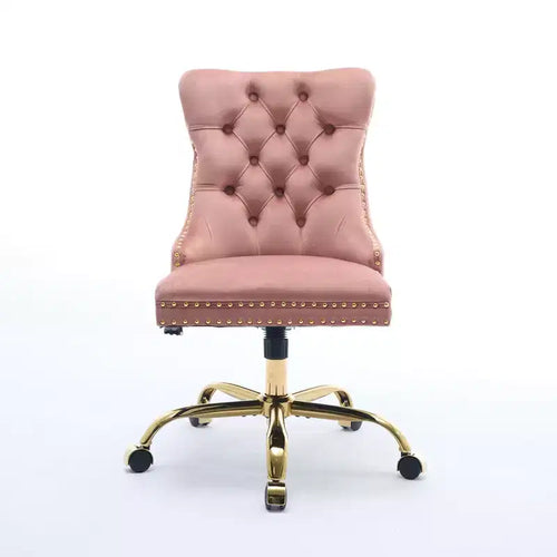 Chaise de bureau réglable pivotante, chaise de bureau moderne en velours capitonné avec base en métal doré, rose