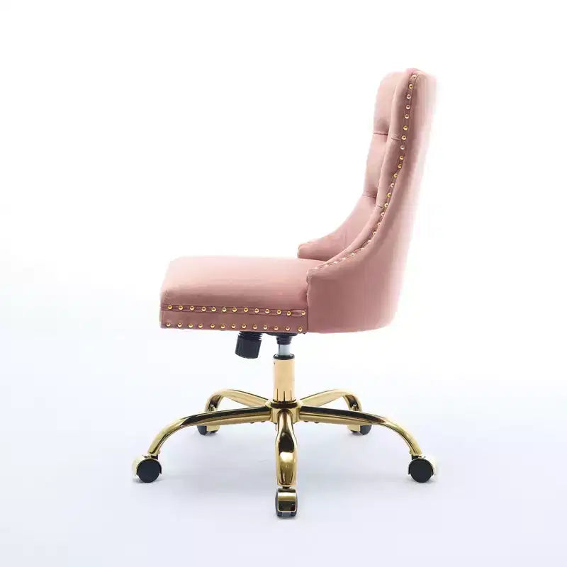 Chaise de bureau réglable pivotante, chaise de bureau moderne en velours capitonné avec base en métal doré, rose