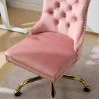 Chaise de bureau réglable pivotante, chaise de bureau moderne en velours capitonné avec base en métal doré, rose