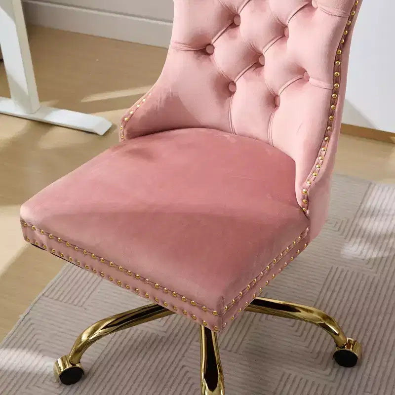 Chaise de bureau réglable pivotante, chaise de bureau moderne en velours capitonné avec base en métal doré, rose