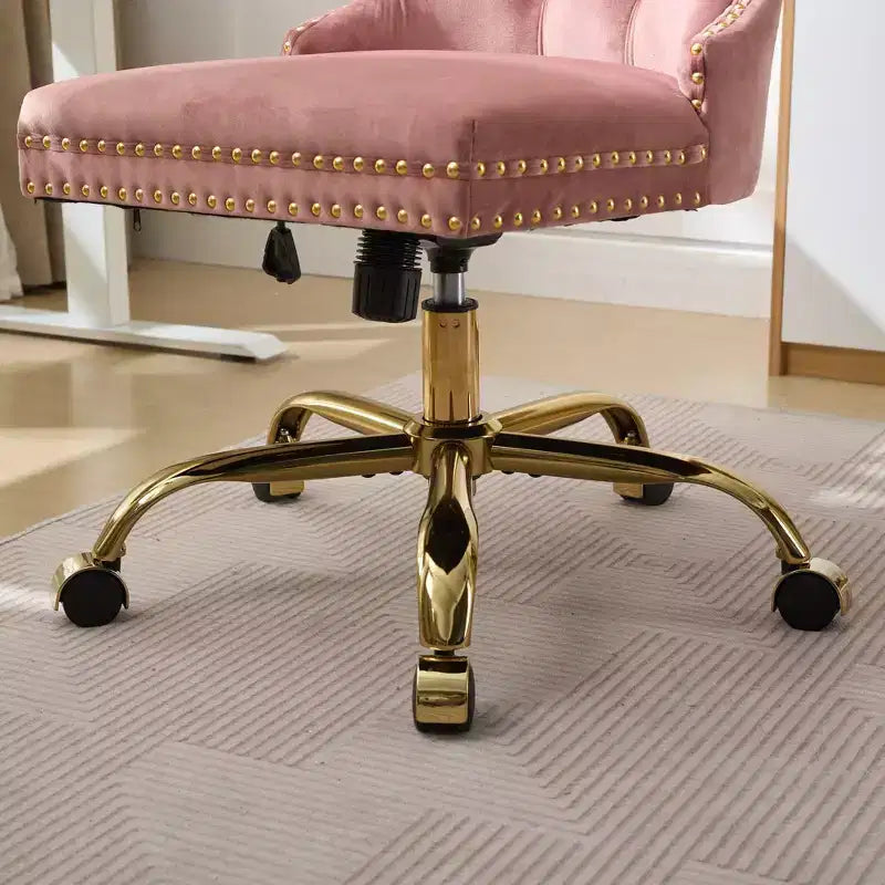 Chaise de bureau réglable pivotante, chaise de bureau moderne en velours capitonné avec base en métal doré, rose