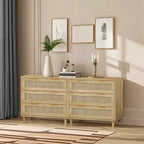 JVNOXKEnsemble d'armoires de rangement modernes en rotin (2 pièces), coiffeuse en rotin avec trois tiroirs profonds, convient pour la chambre ou le salon, chêne