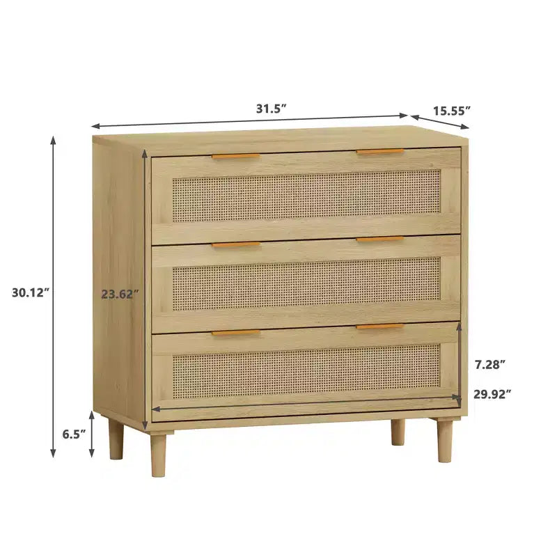 JVNOXKEnsemble d'armoires de rangement modernes en rotin (2 pièces), coiffeuse en rotin avec trois tiroirs profonds, convient pour la chambre ou le salon, chêne