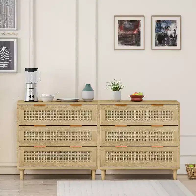 JVNOXKEnsemble d'armoires de rangement modernes en rotin (2 pièces), coiffeuse en rotin avec trois tiroirs profonds, convient pour la chambre ou le salon, chêne