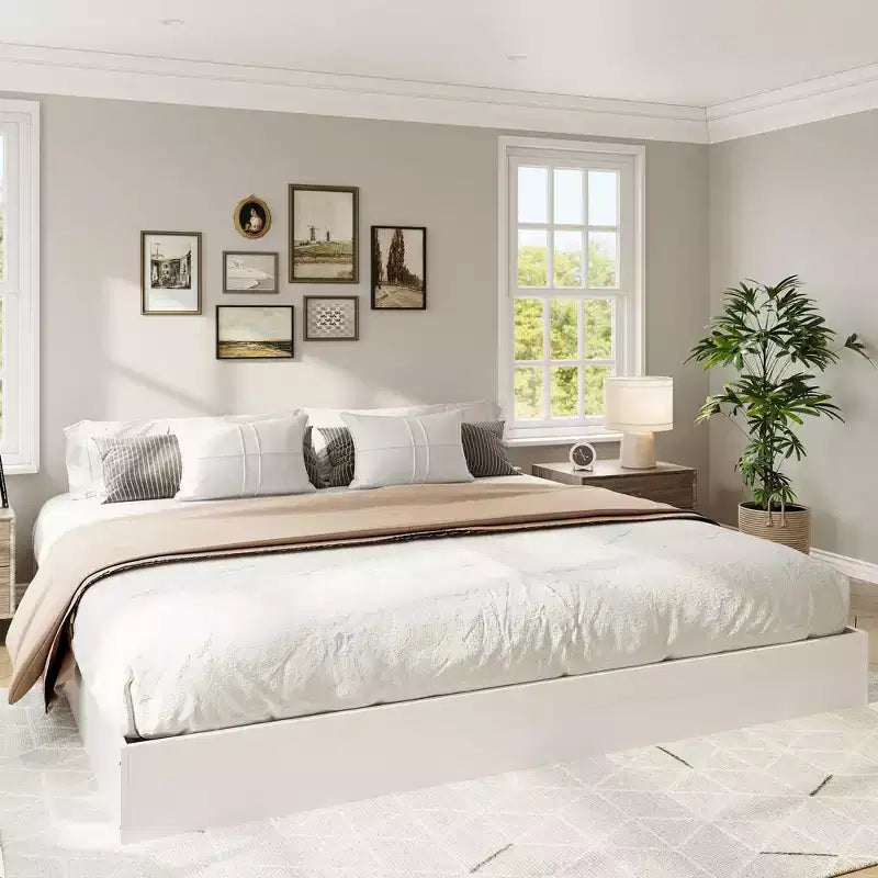 Lit plateforme en bois King Size avec lattes de soutien, sans tête de lit, sans sommier tapissier, autoportant, finition noyer