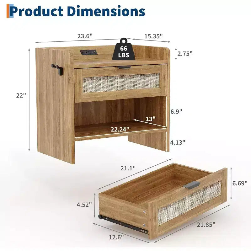 Table de chevet Acekool en rotin avec port Type C, table de chevet avec tiroir et étagère ouverte, lot de 2 tables d'appoint bohème