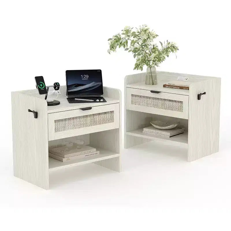 Table de chevet Acekool en rotin avec port Type C, table de chevet avec tiroir et étagère ouverte, lot de 2 tables d'appoint bohème