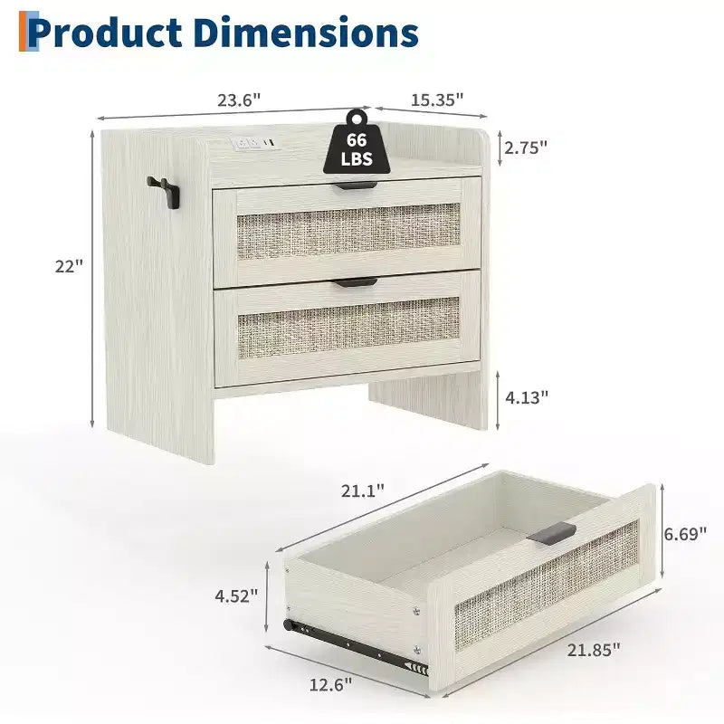 Table de chevet Acekool en rotin avec station de charge, table de chevet bohème à 2 tiroirs avec ports USB et Type-C