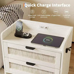 Table de chevet Acekool en rotin avec station de charge, table de chevet bohème à 2 tiroirs avec ports USB et Type-C