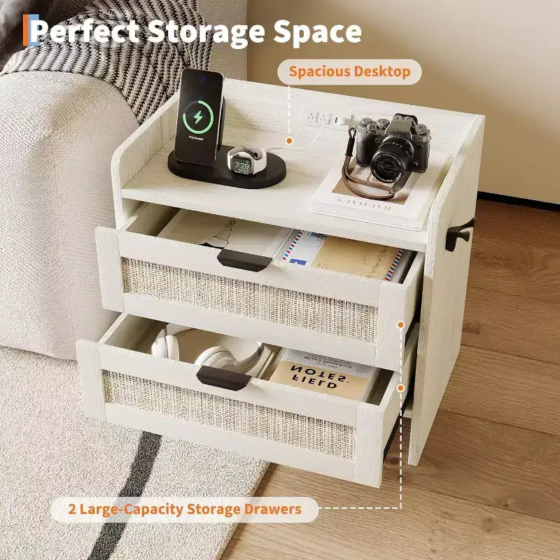 Table de chevet Acekool en rotin avec station de charge, table de chevet bohème à 2 tiroirs avec ports USB et Type-C