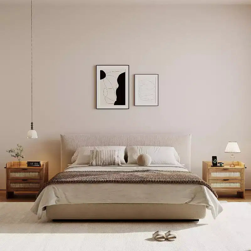 Table de chevet Acekool en rotin avec station de charge, table de chevet bohème à 2 tiroirs avec ports USB et Type-C
