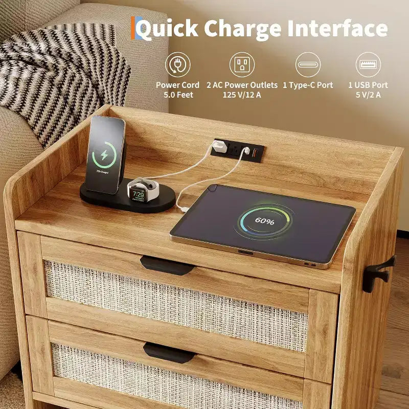 Table de chevet Acekool en rotin avec station de charge, table de chevet bohème à 2 tiroirs avec ports USB et Type-C