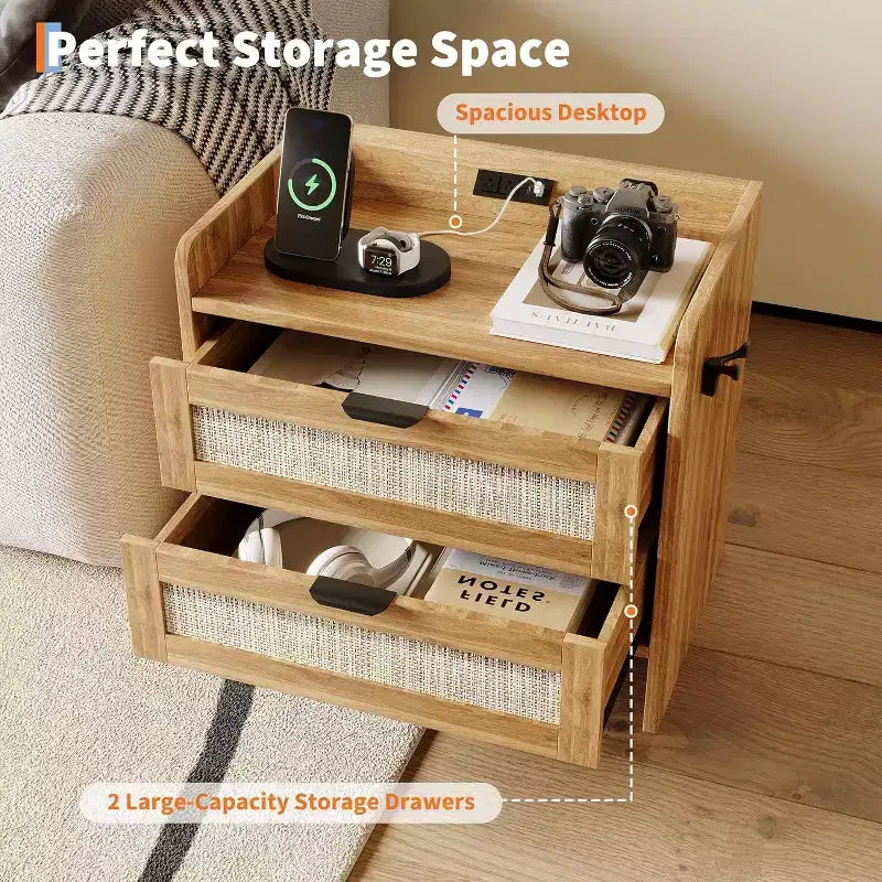 Table de chevet Acekool en rotin avec station de charge, table de chevet bohème à 2 tiroirs avec ports USB et Type-C