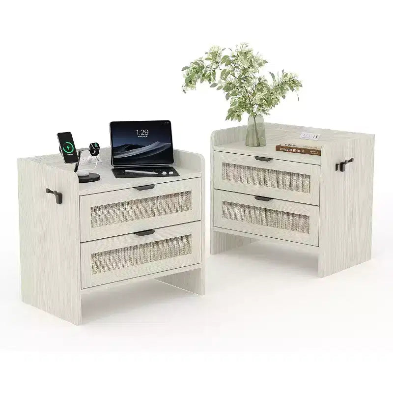 Table de chevet Acekool en rotin avec station de charge, table de chevet bohème à 2 tiroirs avec ports USB et Type-C