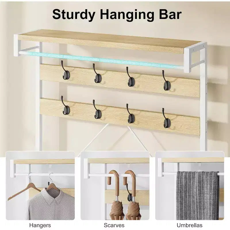 Banc à chaussures avec porte-manteau industriel, porte-manteau de 183 cm avec étagère de rangement, tringle de suspension et 8 crochets pour l'entrée