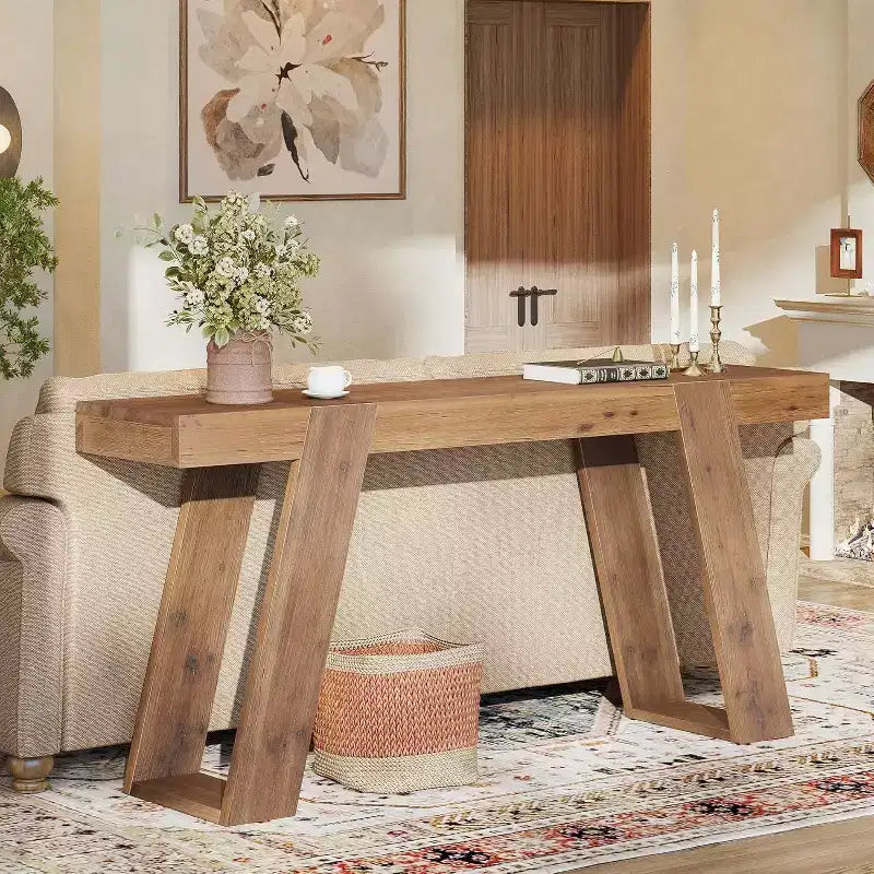 Console étroite en bois massif Lantine, Table d'appoint étroite de 160 cm derrière le canapé, Table d'entrée rustique étroite pour Couloir, Entrée, Foyer, Salon, Marron
