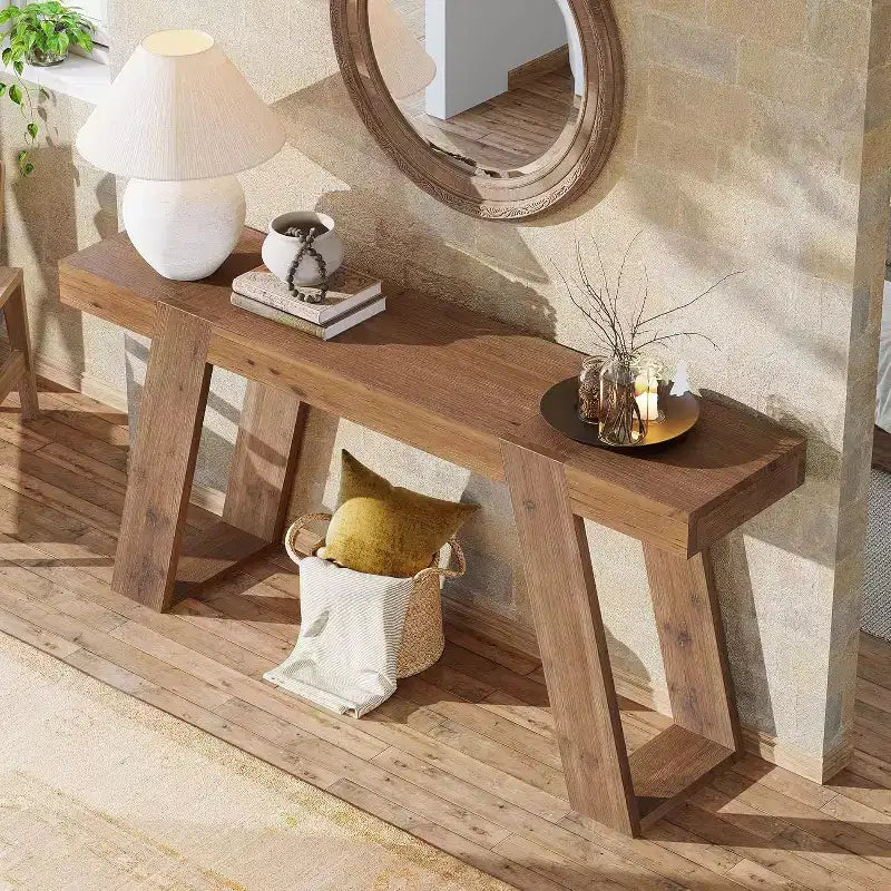 Console étroite en bois massif Lantine, Table d'appoint étroite de 160 cm derrière le canapé, Table d'entrée rustique étroite pour Couloir, Entrée, Foyer, Salon, Marron