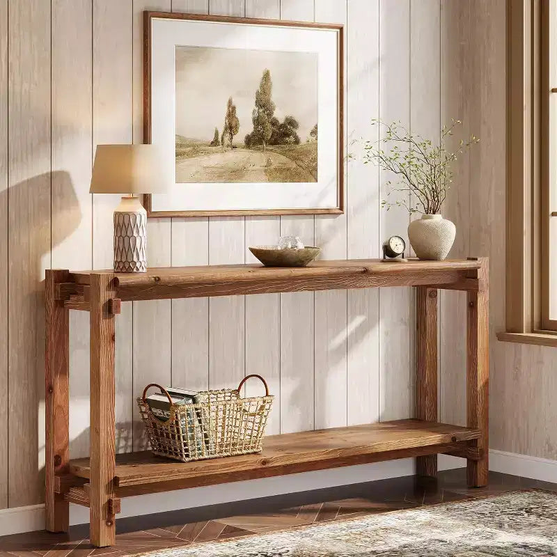 Console en bois massif Lantine, Table d'entrée étroite avec rangement pour salon, entrée, derrière le canaé, marron