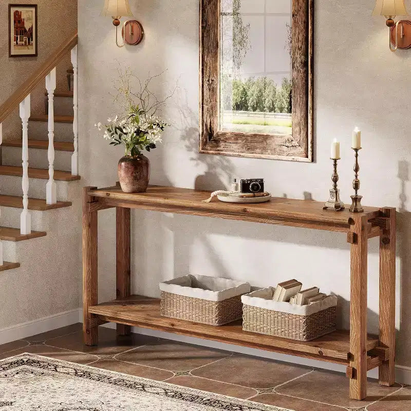 Console en bois massif Lantine, Table d'entrée étroite avec rangement pour salon, entrée, derrière le canaé, marron