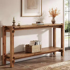 Console en bois massif Lantine, Table d'entrée étroite avec rangement pour salon, entrée, derrière le canaé, marron