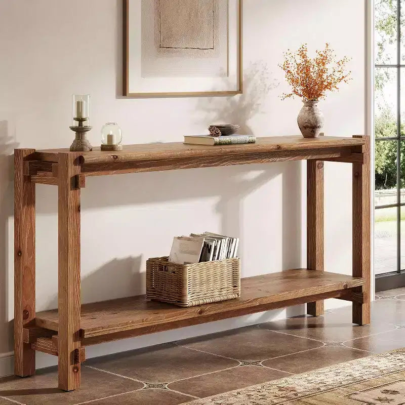 Console en bois massif Lantine, Table d'entrée étroite avec rangement pour salon, entrée, derrière le canaé, marron