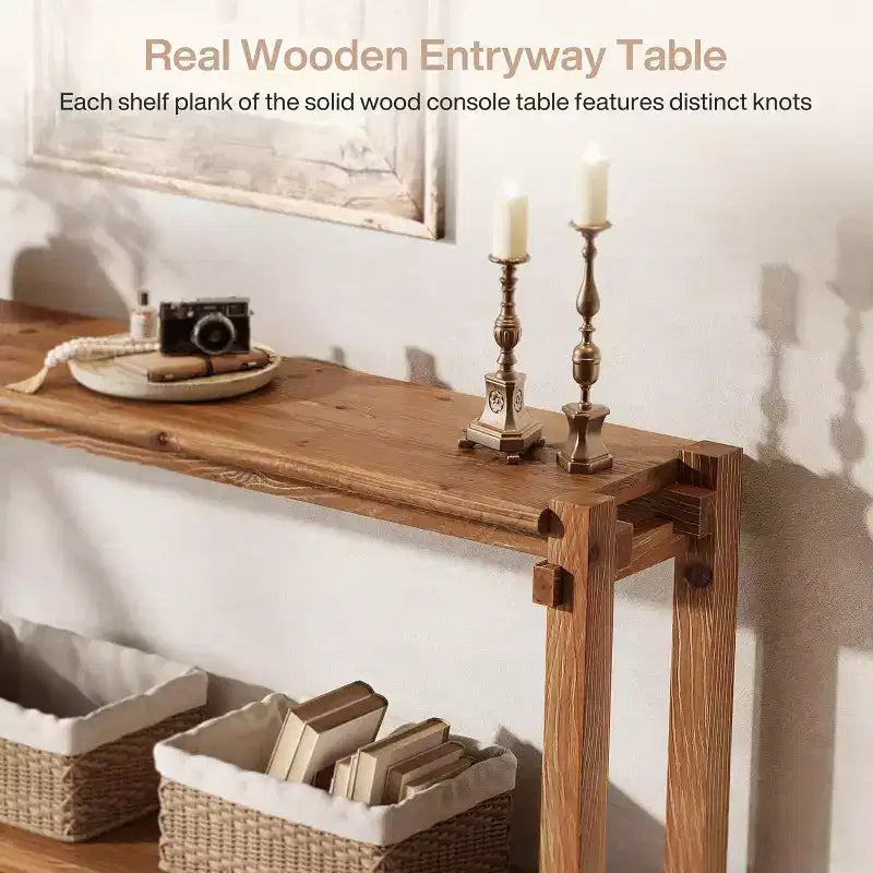 Console en bois massif Lantine, Table d'entrée étroite avec rangement pour salon, entrée, derrière le canaé, marron