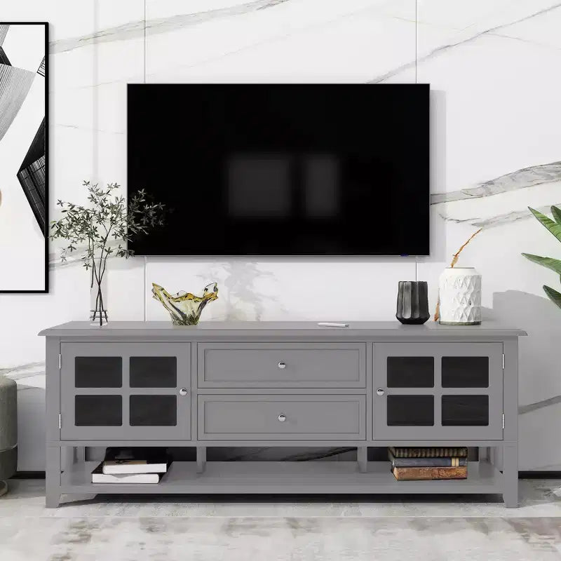VIYET 59Meuble TV moderne pour téléviseurs de 60 pouces, console multimédia en MDF gris avec rangement multifonctionnel et portes magnétiques silencieuses