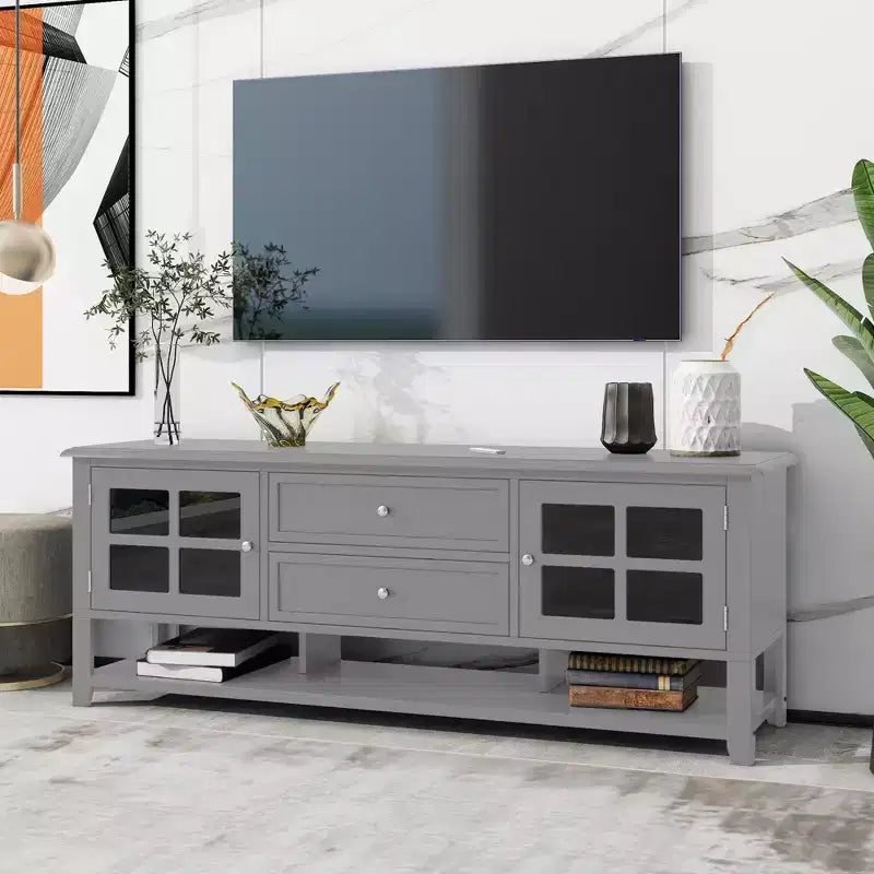 VIYET 59Meuble TV moderne pour téléviseurs de 60 pouces, console multimédia en MDF gris avec rangement multifonctionnel et portes magnétiques silencieuses
