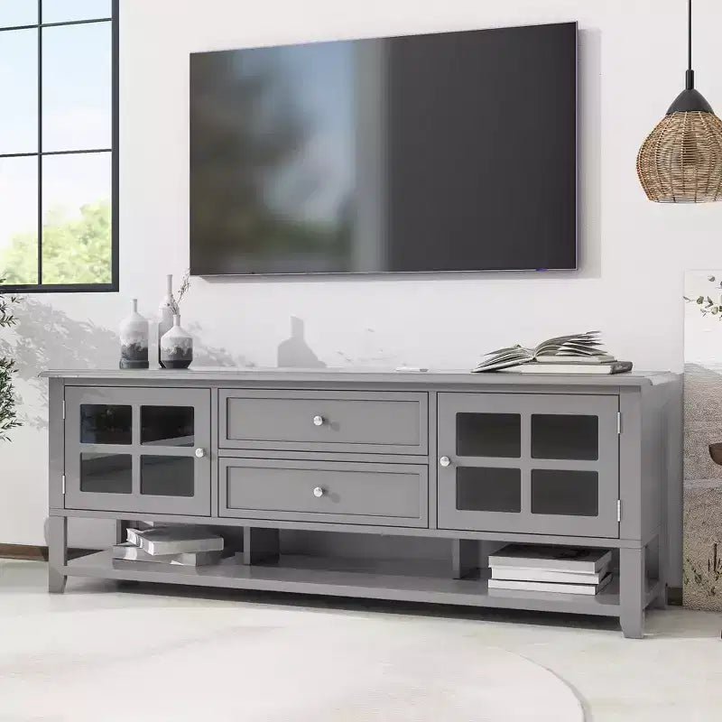 VIYET 59Meuble TV moderne pour téléviseurs de 60 pouces, console multimédia en MDF gris avec rangement multifonctionnel et portes magnétiques silencieuses