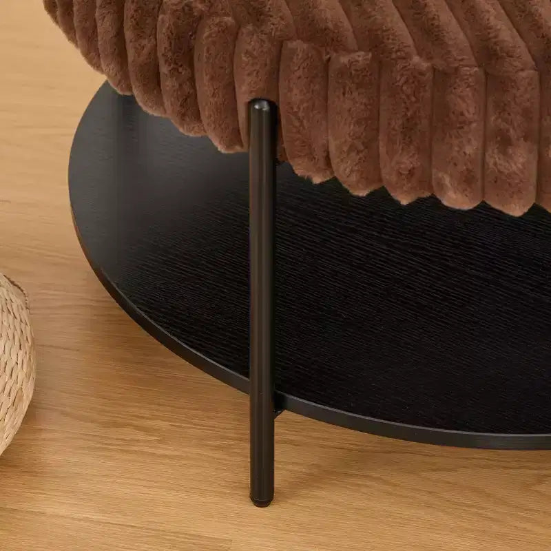 Table basse ottomane ronde 30,9, pouf rembourré en fausse fourrure, pieds en métal noir, étagère ouverte en bois, pour salon, chambre, entrée, hôtel
