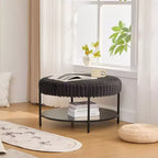 Table basse ottomane ronde 30,9, pouf rembourré en fausse fourrure, pieds en métal noir, étagère ouverte en bois, pour salon, chambre, entrée, hôtel