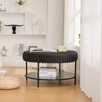 Table basse ottomane ronde 30,9, pouf rembourré en fausse fourrure, pieds en métal noir, étagère ouverte en bois, pour salon, chambre, entrée, hôtel