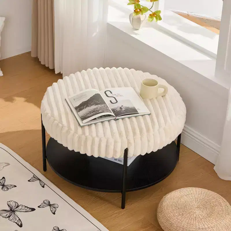 Table basse ottomane ronde 30,9, pouf rembourré en fausse fourrure, pieds en métal noir, étagère ouverte en bois, pour salon, chambre, entrée, hôtel