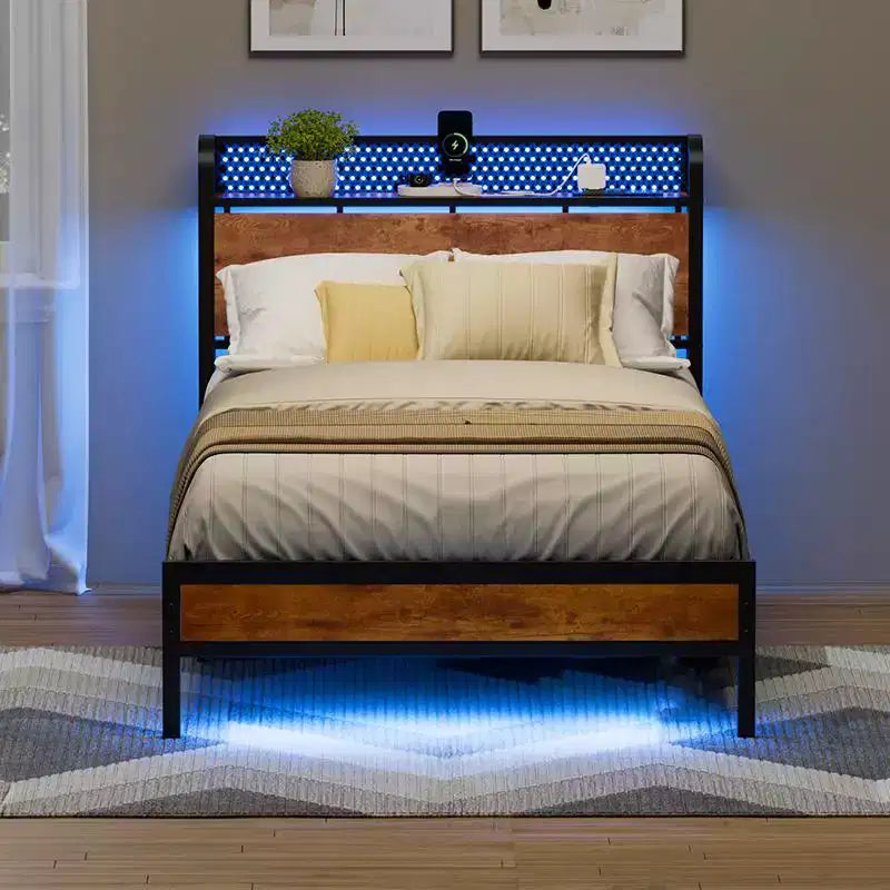 Cadre de lit plateforme double avec tête de lit de rangement, lumières LED, station de recharge, style industriel, bois et métal, robuste, sans sommier, pour enfants, dortoir, USB