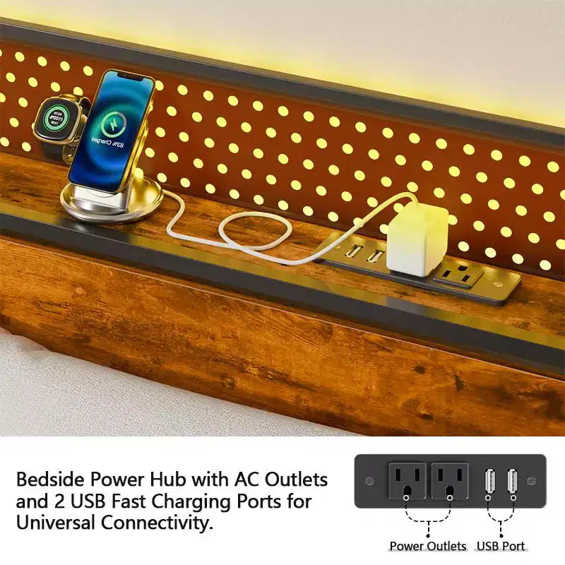 Cadre de lit plateforme double avec tête de lit de rangement, lumières LED, station de recharge, style industriel, bois et métal, robuste, sans sommier, pour enfants, dortoir, USB