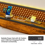 Cadre de lit plateforme double avec tête de lit de rangement, lumières LED, station de recharge, style industriel, bois et métal, robuste, sans sommier, pour enfants, dortoir, USB