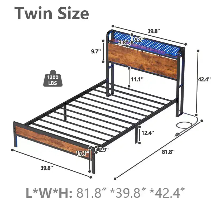 Cadre de lit plateforme double avec tête de lit de rangement, lumières LED, station de recharge, style industriel, bois et métal, robuste, sans sommier, pour enfants, dortoir, USB