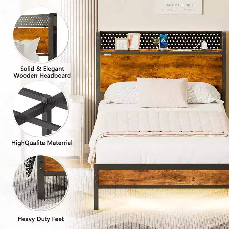 Cadre de lit plateforme double avec tête de lit de rangement, lumières LED, station de recharge, style industriel, bois et métal, robuste, sans sommier, pour enfants, dortoir, USB