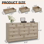 Commode en bois pour chambre à coucher avec 12 tiroirs en rotin, commode large de 61 pouces pour salon, commode de rangement en bois, meuble TV moderne