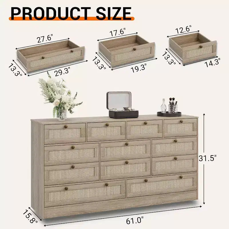 Commode en bois pour chambre à coucher avec 12 tiroirs en rotin, commode large de 61 pouces pour salon, commode de rangement en bois, meuble TV moderne