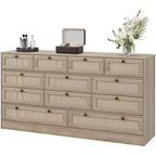 Commode en bois pour chambre à coucher avec 12 tiroirs en rotin, commode large de 61 pouces pour salon, commode de rangement en bois, meuble TV moderne