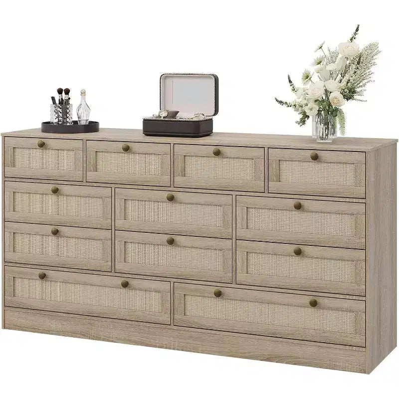Commode en bois pour chambre à coucher avec 12 tiroirs en rotin, commode large de 61 pouces pour salon, commode de rangement en bois, meuble TV moderne